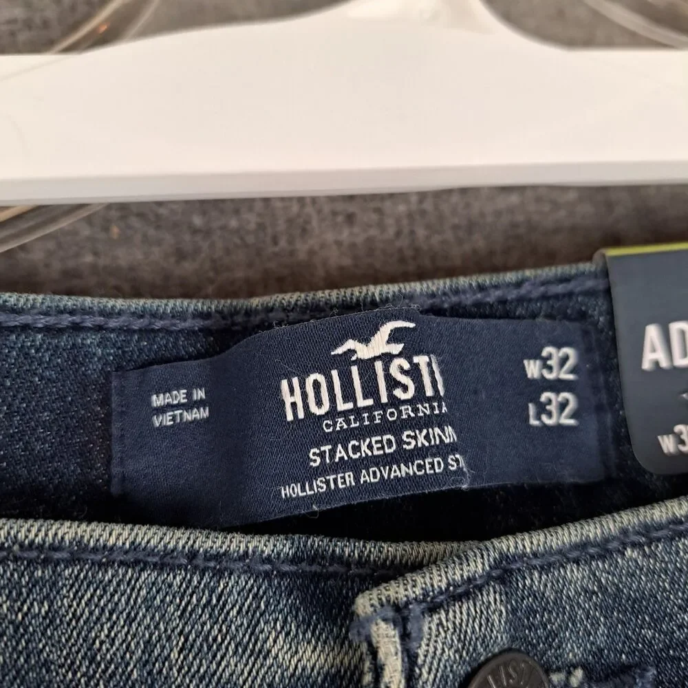 New Men's Hollister 30x35* Advanced Stretch Stacked Skinny Denim Blue Jeans